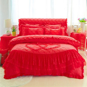 婚庆四件套大红色v加厚床裙床罩式被罩，夹棉结婚床单被套