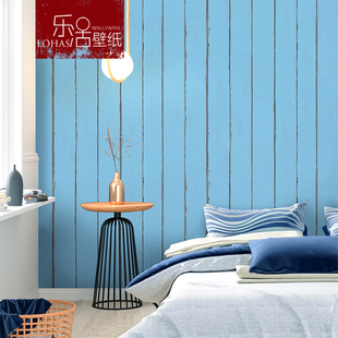 复古木纹墙纸无纺布地中海白色蓝色，卧室客厅背景北欧壁纸现代简约