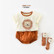 婴儿夏季套装男女宝宝卡通狮子，短袖t恤超萌大pp三角短裤两件套潮