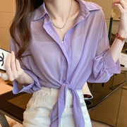 紫色冰丝防晒衬衫女2021夏季韩版宽松空调，衫外搭薄款雪纺衬衣