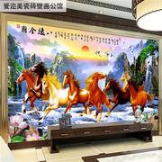 中式电视背景墙壁纸客厅山水画马到功K成影视墙壁布八骏图装饰