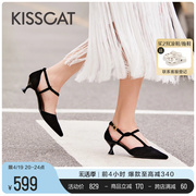 KISSCAT接吻猫华尔兹高跟鞋24春新赫本风优雅凉鞋T字带精致单鞋
