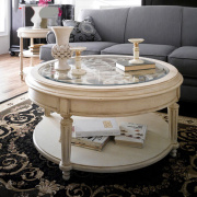 美式复古实木圆形玻璃茶几法式白色雕花小圆桌阳台小茶台高端定制