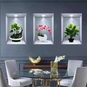 3D立体客厅餐厅三联装饰画楼梯过道盆栽墙纸植物家用壁画自粘贴画