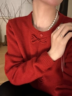 红色羊毛针织开衫复古中国风新中式盘扣，中国结毛衣女2023年秋冬季