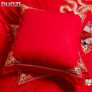 大红色纯棉靠枕套刺绣抱枕一对45*45cm沙发结婚床上用品婚庆