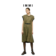 immi方形压褶高腰，军绿撞色连衣裙191ds073x