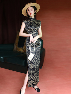 改良版黑色旗袍性感复古时尚，年轻款老上海日常中国风长款连衣裙夏