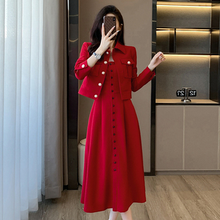 红色短外套小香风套装裙女春季2024名媛气质吊带连衣裙两件套