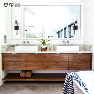 日式红橡木浴室柜组合定制人造石洗手脸面池双人卫生间洗漱台上盆