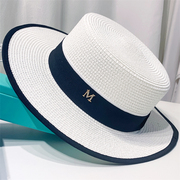 平顶草帽女夏天白色遮阳帽可折叠防晒太阳帽子海边沙滩舞台走秀款