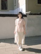 桔粉色压褶衬衫女夏季法式复古娃娃，领短袖上衣蕾丝花边半身裙套装