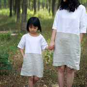 2021夏季薄款亲子裙，f2138简约休闲纯亚麻母女装白色拼色连衣裙