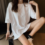 棉质圆领短袖t恤女夏韩版宽松中长款半袖开叉白色，不透上衣ins网红