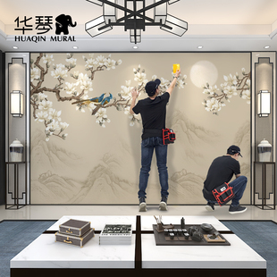 2024新中式电视背景墙壁纸客厅墙纸卧室壁布花鸟墙布壁画定制