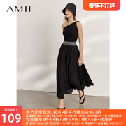 amii2023夏季a字半身裙女法式黑色长裙绣花橡筋腰雪纺裙子