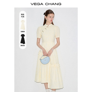 vegachang新中式连衣裙女2024年夏季国风提花不规则气质长裙