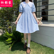 条纹刺绣娃娃领短袖连衣裙女夏季初高中学生甜美时尚气质裙子