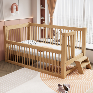 山毛榉木(毛榉木)升降带护栏儿童床，拼接大床床边加宽宝宝婴儿床实木小床