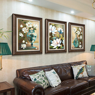 欧式玄关花卉挂画美式客厅沙发背景墙三联装饰画餐厅组合壁画油画