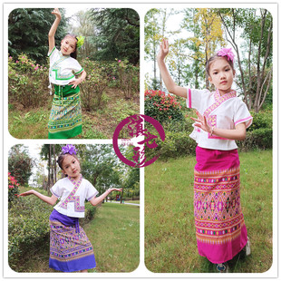 短袖白衣小傣族女童装棉布，套装玫红绿色紫色，裙西双版纳傣族女
