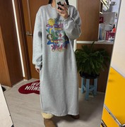 韩国秋冬季女士加绒棉，兔子卡通慵懒风灰色连衣裙长裙遮肉显瘦