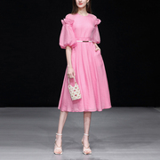 夏季女装2024气质，桃粉色灯笼袖收腰显瘦仙女裙连衣裙长裙