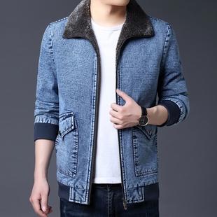 牛仔外套男士秋冬季韩版修身加绒加厚毛领，棉衣服保暖休闲工装夹克