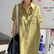 韩国chic夏季简约小众翻领，单排扣口袋宽松纯色，短袖衬衫式连衣裙女