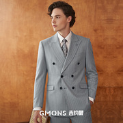 吉约蒙双排扣西装男套装，浅灰色条纹商务，西服外套修身新郎结婚礼服