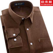 俞兆林男士灯芯绒长袖衬衫，青中年休闲咖啡色条绒衬衣爸爸春装