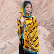 民族风多功能拼色印花丝巾新疆艾德莱斯保暖红色围巾旅游防晒长款