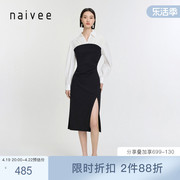naivee24春时髦高级感穿搭黑白，拼接假两件开衩收腰ol连衣裙