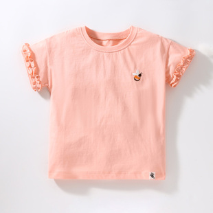 粉红色刺绣女童纯棉套头短袖，t恤女宝宝，夏装薄款柔软休闲纯色上衣6