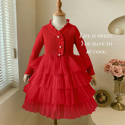 女童针织连衣裙冬装儿童长袖，红色新年圣诞裙子宝宝洋气公主裙