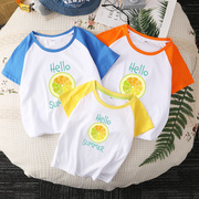 亲子t恤夏装一家三口夏日柠檬字母t恤纯棉，宝宝母女装黄色短袖上衣