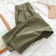 女夏季高腰军绿色宽松工装裤直筒显瘦百搭九分小个子薄款休闲裤