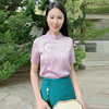 醋酸夏季中国风立体刺绣花气质立领短袖修身复古绣花女士衬衫