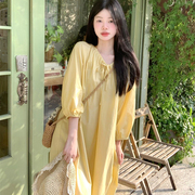 慵懒风孕妇装七分袖连衣裙夏季显白长裙宽松款遮肚子显瘦裙子黄色