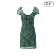 法式复古辣妹绿色格子系带，收腰显瘦网纱连衣裙度假短裙子