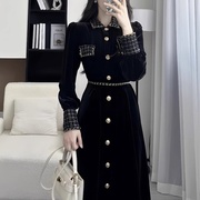 法式赫本风黑色长袖连衣裙子女秋冬装2023高级感穿搭丝绒长裙