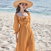 奈良一字肩连衣裙沙滩裙海边度假三亚拍照黄色超仙小个子波西米亚