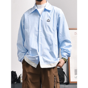 美式街头小众浅蓝色条纹工装衬衫长袖春季薄款贴布衬衣男廓形外套