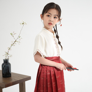女童新中式雪纺衬衫短袖，改良版飒气刺绣，盘扣喜庆婚礼国风上衣