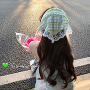 春天的绿夏季丝巾薄款绑发带，复古包头头巾法式气质蕾丝三角巾女
