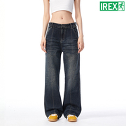 irex美式解构猫须水洗，牛仔裤男女中缝压线设计复古垂感直筒长裤潮