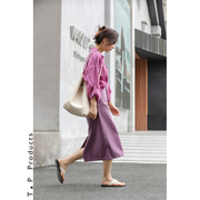 糖皮出品如花在野小众特别紫色系夏纯棉(夏纯棉，)半松紧高腰直筒牛仔裙