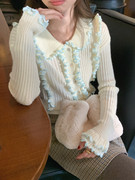 韩国集运轻柔可爱配色木耳，小花边针织上衣