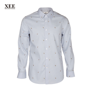 xee商场同款男士春季浅蓝色，纯棉质感尖领长袖，衬衫清新时尚衬衣