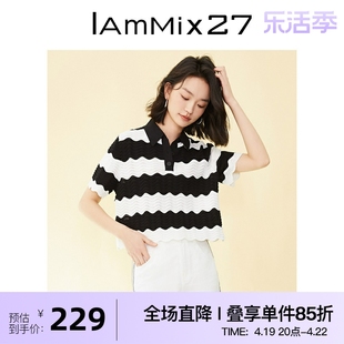 iammix27夏季短袖针织衫，女个性撞色条纹时尚花边，polo领针织套头衫